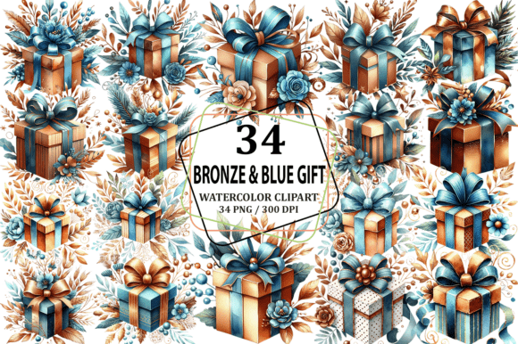 Download Watercolor Bronze &amp; Blue Gift Clipart - Bronze Collection
